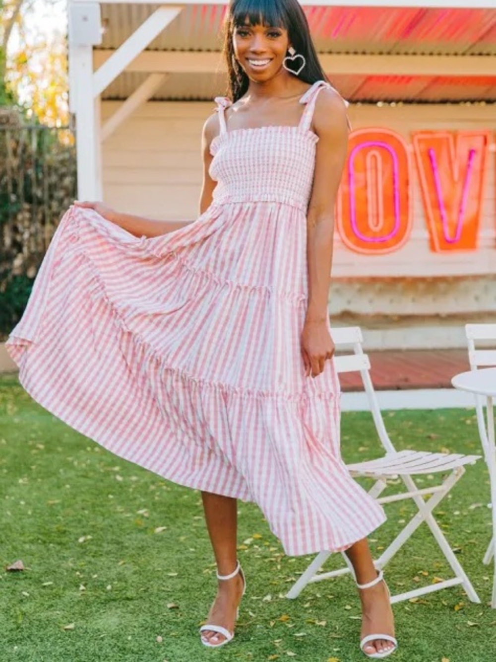 BuddyLove Gingham Smocked Tiered Maxi Dress Pink Tie Strap Size Medium